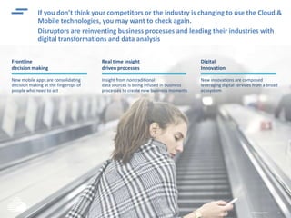 ©IBMCorporation 17
Frontline
decision making
New mobile apps are consolidating
decision making at the fingertips of
people who need to act
If you don’t think your competitors or the industry is changing to use the Cloud &
Mobile technologies, you may want to check again.
Disruptors are reinventing business processes and leading their industries with
digital transformations and data analysis
Real time insight
driven processes
Insight from nontraditional
data sources is being infused in business
processes to create new business moments
Digital
Innovation
New innovations are composed
leveraging digital services from a broad
ecosystem
 