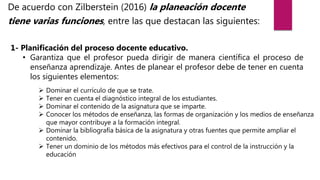 De acuerdo con Zilberstein (2016) la planeación docente
tiene varias funciones, entre las que destacan las siguientes:
1- Planificación del proceso docente educativo.
• Garantiza que el profesor pueda dirigir de manera científica el proceso de
enseñanza aprendizaje. Antes de planear el profesor debe de tener en cuenta
los siguientes elementos:
 Dominar el currículo de que se trate.
 Tener en cuenta el diagnóstico integral de los estudiantes.
 Dominar el contenido de la asignatura que se imparte.
 Conocer los métodos de enseñanza, las formas de organización y los medios de enseñanza
que mayor contribuye a la formación integral.
 Dominar la bibliografía básica de la asignatura y otras fuentes que permite ampliar el
contenido.
 Tener un dominio de los métodos más efectivos para el control de la instrucción y la
educación
 