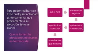 Para poder realizar con
éxito cualquier actividad
es fundamental que
previamente a su
ejecución éstas se
planeé
qué se hará,
que pasos se
seguirán,
qué recursos
se necesitarán,
que técnicas
se utilizarán
se evaluará en
que momento
Que se tomen las
previsiones necesarias
en términos de:
 