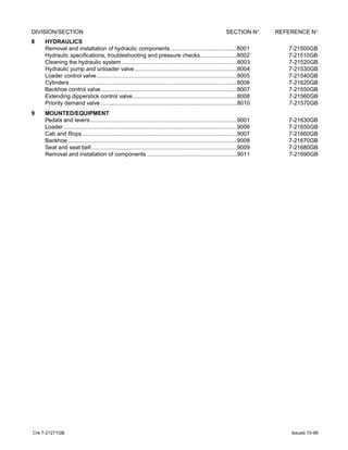 Cre 7-21271GB Issued 10-99
DIVISION/SECTION SECTION N° REFERENCE N°
8 HYDRAULICS
Removal and installation of hydraulic components ..........................................8001 7-21500GB
Hydraulic specifications, troubleshooting and pressure checks.......................8002 7-21510GB
Cleaning the hydraulic system .........................................................................8003 7-21520GB
Hydraulic pump and unloader valve.................................................................8004 7-21530GB
Loader control valve.........................................................................................8005 7-21540GB
Cylinders ..........................................................................................................8006 7-21620GB
Backhoe control valve ......................................................................................8007 7-21550GB
Extending dipperstick control valve..................................................................8008 7-21560GB
Priority demand valve ......................................................................................8010 7-21570GB
9 MOUNTED/EQUIPMENT
Pedals and levers.............................................................................................9001 7-21630GB
Loader..............................................................................................................9006 7-21650GB
Cab and Rops..................................................................................................9007 7-21660GB
Backhoe ...........................................................................................................9008 7-21670GB
Seat and seat belt............................................................................................9009 7-21680GB
Removal and installation of components .........................................................9011 7-21690GB
 