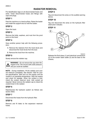 2000-4
Cre 7-21290GB Issued 10-99
RADIATOR REMOVAL
Put identification tags on all disconnected hoses and
wires. Close disconnected hoses and fittings with
caps and plugs.
STEP 1
Park the machine on a level surface. Raise the loader
and install the support strut to hold the loader.
STEP 2
Open the hood.
STEP 3
Remove the bolts, washers, and nuts from the pivot
point on the hood.
STEP 4
Have another person help with the following proce-
dure :
A. Remove the retainers from the hood struts and
disconnect the hood struts from the stud.
B. Remove the hood from the machine.
STEP 5
Slowly remove the radiator cap.
NOTE : During installation, fill the radiator and cool-
ant reservoir completely. See Section 1002 for cool-
ant specifications. Start and run the engine until the
coolant is at operating temperature. Stop the engine
and check for leakage. When the coolant is cold,
check the coolant reservoir level. Add coolant as
required. Never remove the radiator cap to check the
coolant level in the radiator.
STEP 6
Depressurize the hydraulic system as follows see
section 8002.
STEP 7
Disconnect the hoses from the hydraulic filter.
STEP 8
Remove and fit blaks to the expansion reservoir
hoses.
WARNING : Do not remove the cap when the
engine is hot. The circuit is still under pressure
and you could be scalded.
!
STEP 9
Tag and disconnect the wires on the audible warning
device.
STEP 10
Tag and disconnect the wires on the hydraulic filter
obstruction indicator.
STEP 11
789M250A
Release the fluid pipes (1) and electrical connections
(2) to the screen wash bottle (3) and tie back to the
chassis.
3
2
1
3
2
1
 