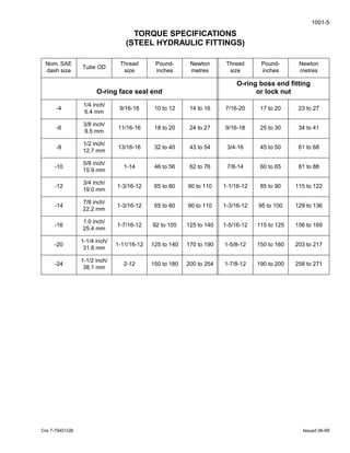 1001-5
Cre 7-79451GB Issued 06-99
TORQUE SPECIFICATIONS
(STEEL HYDRAULIC FITTINGS)
Nom. SAE
dash size
Tube OD
Thread
size
Pound-
inches
Newton
metres
Thread
size
Pound-
inches
Newton
metres
O-ring face seal end
O-ring boss end ﬁtting
or lock nut
-4
1/4 inch/
6.4 mm
9/16-18 10 to 12 14 to 16 7/16-20 17 to 20 23 to 27
-6
3/8 inch/
9.5 mm
11/16-16 18 to 20 24 to 27 9/16-18 25 to 30 34 to 41
-8
1/2 inch/
12.7 mm
13/16-16 32 to 40 43 to 54 3/4-16 45 to 50 61 to 68
-10
5/8 inch/
15.9 mm
1-14 46 to 56 62 to 76 7/8-14 60 to 65 81 to 88
-12
3/4 inch/
19.0 mm
1-3/16-12 65 to 80 90 to 110 1-1/16-12 85 to 90 115 to 122
-14
7/8 inch/
22.2 mm
1-3/16-12 65 to 80 90 to 110 1-3/16-12 95 to 100 129 to 136
-16
1.0 inch/
25.4 mm
1-7/16-12 92 to 105 125 to 140 1-5/16-12 115 to 125 156 to 169
-20
1-1/4 inch/
31.8 mm
1-11/16-12 125 to 140 170 to 190 1-5/8-12 150 to 160 203 to 217
-24
1-1/2 inch/
38.1 mm
2-12 150 to 180 200 to 254 1-7/8-12 190 to 200 258 to 271
 