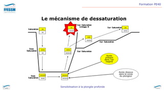 Formation PE40
Sensibilisation à la plongée profonde
Le mécanisme de dessaturation
Azote
présent
dans l’air
respiré
Azote dissous
dans le corps
du plongeur
 