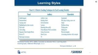 16
Learning Styles
Northwest Frontier ATTC. (2005). Counselor as educator-Part 2: Learning styles-
teaching styles. Addiction Messenger , 8 , 3.
Participant Workbook – p. 48
 