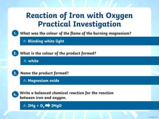 Reaction of Iron with Oxygen
Practical Investigation
What was the colour of the flame of the burning magnesium?
A: Blinding white light
What is the colour of the product formed?
Name the product formed?
Write a balanced chemical reaction for the reaction
between iron and oxygen.
1.
2.
3.
4.
A: white
A: Magnesium oxide
A: 2Mg + O2 2MgO
 