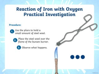 Reaction of Iron with Oxygen
Practical Investigation
Procedure:
Use the pliers to hold a
small amount of steel wool.
Place the steel wool over the
flame of the bunsen burner.
Observe what happens.
1.
2.
3.
 