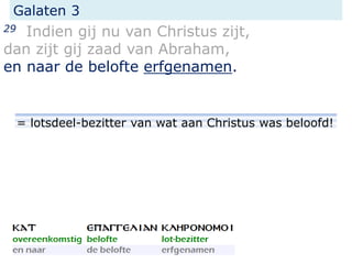 Galaten 3
29 Indien gij nu van Christus zijt,
dan zijt gij zaad van Abraham,
en naar de belofte erfgenamen.
= lotsdeel-bezitter van wat aan Christus was beloofd!
 