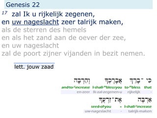 Genesis 22
17 zal Ik u rijkelijk zegenen,
en uw nageslacht zeer talrijk maken,
als de sterren des hemels
en als het zand aan de oever der zee,
en uw nageslacht
zal de poort zijner vijanden in bezit nemen.
lett. jouw zaad
 