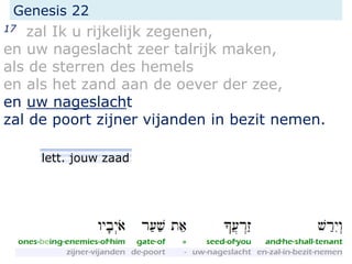 Genesis 22
17 zal Ik u rijkelijk zegenen,
en uw nageslacht zeer talrijk maken,
als de sterren des hemels
en als het zand aan de oever der zee,
en uw nageslacht
zal de poort zijner vijanden in bezit nemen.
lett. jouw zaad
 