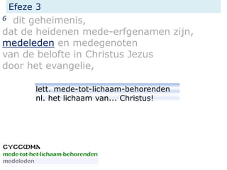 Efeze 3
6 dit geheimenis,
dat de heidenen mede-erfgenamen zijn,
medeleden en medegenoten
van de belofte in Christus Jezus
door het evangelie,
lett. mede-tot-lichaam-behorenden
nl. het lichaam van... Christus!
 