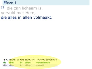 Efeze 1
23 die zijn lichaam is,
vervuld met Hem,
die alles in allen volmaakt.
 