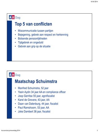 10/8/2014 
Accountancynieuwsdag 2014 3 
Top 5 van conflicten 
• Miscommunicatie tussen partijen 
• Bejegening, gebrek aan respect en herkenning 
• Botsende persoonlijkheden 
• Tijdgebrek en ongeduld 
• Gebrek aan grip op de situatie 
Maatschap Schuimstra 
• Manfred Schuimstra, 52 jaar 
• Yasin Aydin 34 jaar AA en compliance officer 
• Joop Gerritse 55 jaar, agrofiscalist 
• Karel de Grevere, 43 jaar, AA 
• Daan van Dalenburg, 44 jaar, fiscalist 
• Paul Ramshoorn, 53 jaar, AA 
• Joke Dambert 38 jaar, fiscalist 
 