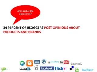 Am I part of the
        opinion list?




34 PERCENT OF BLOGGERS POST OPINIONS ABOUT
PRODUCTS AND BRANDS
 