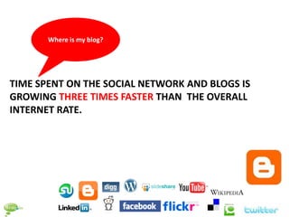 Where is my blog?




TIME SPENT ON THE SOCIAL NETWORK AND BLOGS IS
GROWING THREE TIMES FASTER THAN THE OVERALL
INTERNET RATE.
 