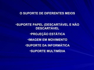 O SUPORTE DE DIFERENTES MEIOS SUPORTE PAPEL (DESCARTÁVEL E NÃO DESCARTÁVEL PROJEÇÃO ESTÁTICA IMAGEM EM MOVIMENTO SUPORTE DA INFORMÁTICA SUPORTE MULTIMÍDIA 