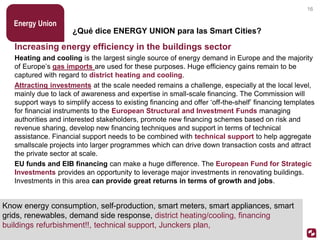 Know energy consumption, self-production, smart meters, smart appliances, smart
grids, renewables, demand side response, district heating/cooling, financing
buildings refurbishment!!, technical support, Junckers plan,
¿Qué dice ENERGY UNION para las Smart Cities?
Increasing energy efficiency in the buildings sector
Heating and cooling is the largest single source of energy demand in Europe and the majority
of Europe’s gas imports are used for these purposes. Huge efficiency gains remain to be
captured with regard to district heating and cooling.
Attracting investments at the scale needed remains a challenge, especially at the local level,
mainly due to lack of awareness and expertise in small-scale financing. The Commission will
support ways to simplify access to existing financing and offer ‘off-the-shelf’ financing templates
for financial instruments to the European Structural and Investment Funds managing
authorities and interested stakeholders, promote new financing schemes based on risk and
revenue sharing, develop new financing techniques and support in terms of technical
assistance. Financial support needs to be combined with technical support to help aggregate
smallscale projects into larger programmes which can drive down transaction costs and attract
the private sector at scale.
EU funds and EIB financing can make a huge difference. The European Fund for Strategic
Investments provides an opportunity to leverage major investments in renovating buildings.
Investments in this area can provide great returns in terms of growth and jobs.
Energy Union
16
 