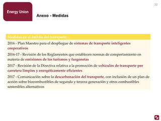 Energy Union
22
Medidas en el ámbito del transporte -
2016 - Plan Maestro para el despliegue de sistemas de transporte inteligentes
cooperativos
2016-17 - Revisión de los Reglamentos que establecen normas de comportamiento en
materia de emisiones de los turismos y furgonetas
2017 - Revisión de la Directiva relativa a la promoción de vehículos de transporte por
carretera limpios y energéticamente eficientes
2017 - Comunicación sobre la descarbonación del transporte, con inclusión de un plan de
acción sobre biocombustibles de segunda y tercera generación y otros combustibles
sostenibles alternativos
Anexo - Medidas
 