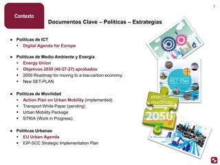 Documentos Clave – Políticas – Estrategias
Contexto
● Políticas de Medio Ambiente y Energía
 Energy Union
 Objetivos 2030 (40-27-27) aprobados
 2050 Roadmap for moving to a low-carbon economy
 New SET-PLAN
● Políticas de Movilidad
 Action Plan on Urban Mobility (implemented)
 Transport White Paper (pending)
 Urban Mobility Package
 STRIA (Work in Progress)
● Políticas Urbanas
 EU Urban Agenda
 EIP-SCC Strategic Implementation Plan
● Políticas de ICT
 Digital Agenda for Europe
9
 