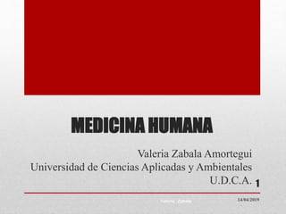 MEDICINA HUMANA
Valeria Zabala Amortegui
Universidad de Ciencias Aplicadas y Ambientales
U.D.C.A.
14/04/2019Valeria Zabala
1
 