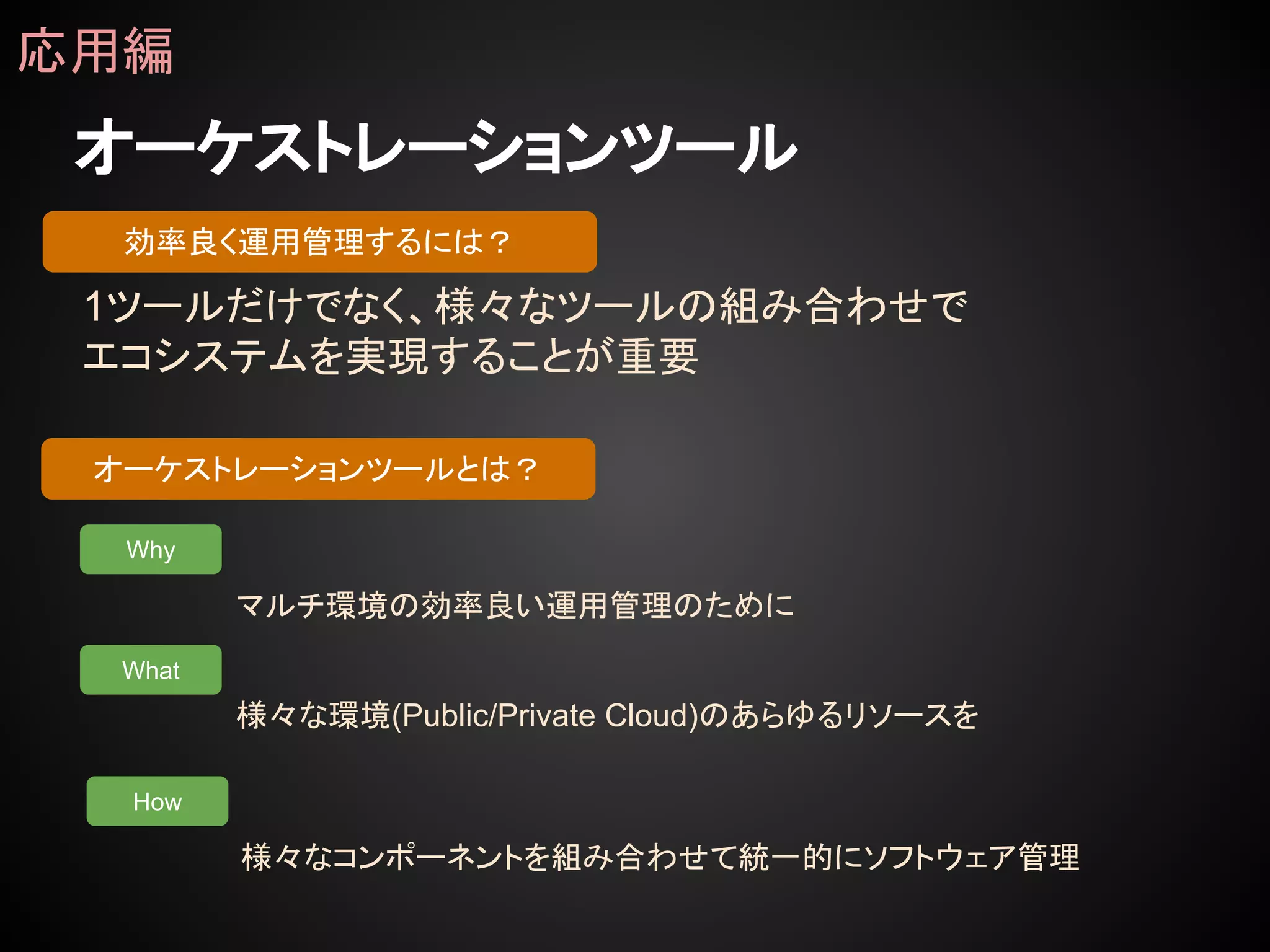 オーケストレーションツール
応用編
1ツールだけでなく、様々なツールの組み合わせで
エコシステムを実現することが重要
効率良く運用管理するには？
オーケストレーションツールとは？
Why
What
How
マルチ環境の効率良い運用管理のために
様々な環境(Public/Private Cloud)のあらゆるリソースを
様々なコンポーネントを組み合わせて統一的にソフトウェア管理
 