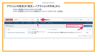 Setting actions
アクションの設定は「設定」→「アクションの作成」から
ホストに直接紐づくわけではないので注意
トリガーを起因としたアクションの場合はイベントソースは「トリガー」を指定
 