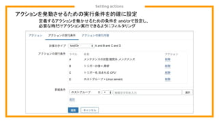 Setting actions
アクションを発動させるための実行条件を的確に設定
定義するアクションを働かせるための条件を and/orで設定し、
必要な時だけアクション実行できるようにフィルタリング
 