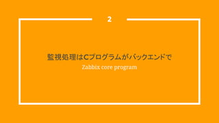 監視処理はCプログラムがバックエンドで
Zabbix core program
2
 