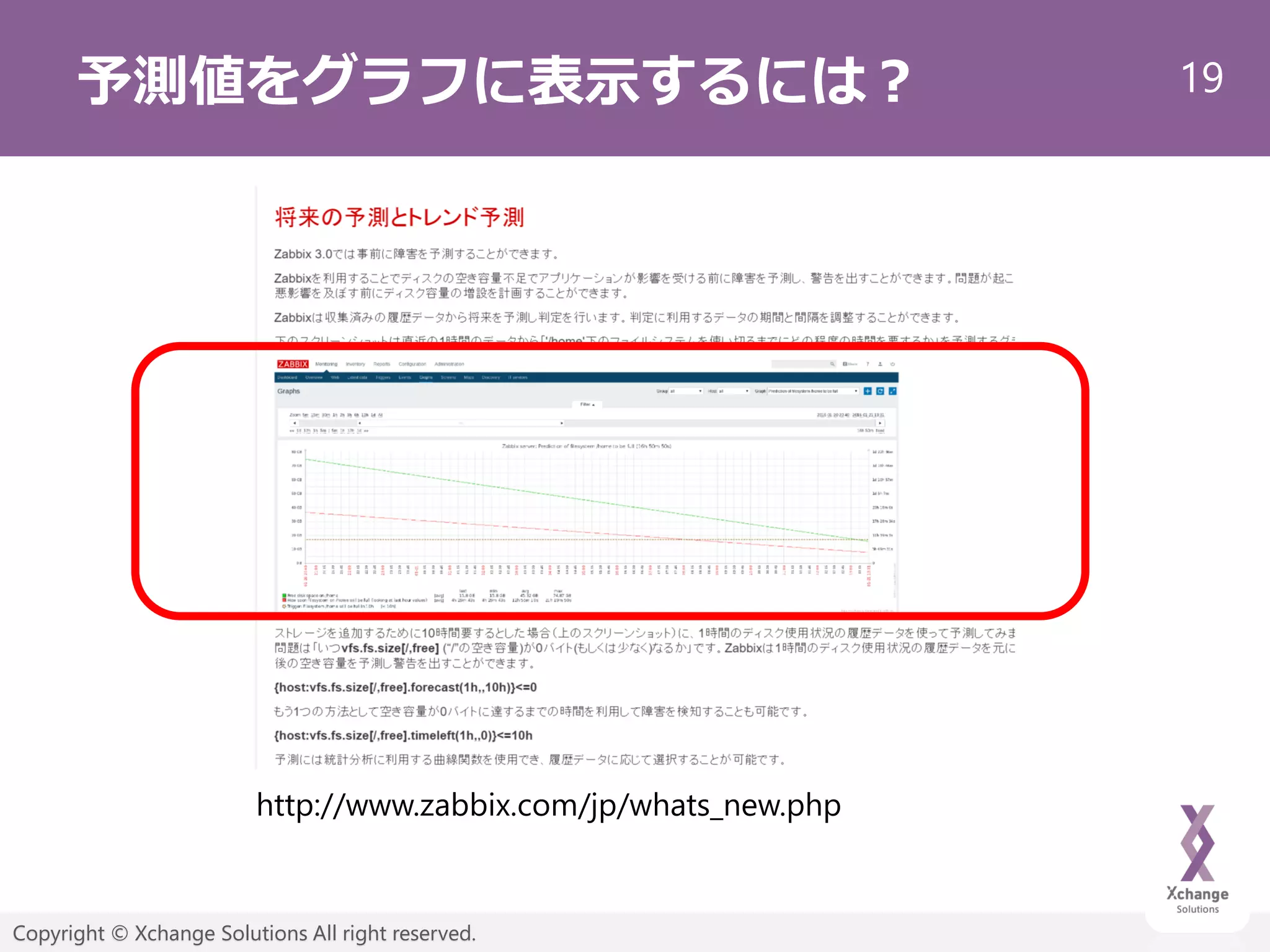 19
Copyright © Xchange Solutions All right reserved.
予測値をグラフに表示するには？
http://www.zabbix.com/jp/whats_new.php
 