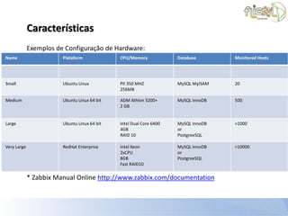Características
             Exemplos de Configuração de Hardware:
Name                    Plataform             CPU/Memory             Database       Monitored Hosts




Small                   Ubuntu Linux          PII 350 MHZ            MySQL MyISAM   20
                                              256MB

Medium                  Ubuntu Linux 64 bit   ADM Athlon 3200+       MySQL InnoDB   500
                                              2 GB


Large                   Ubuntu Linux 64 bit   Intel Dual Core 6400   MySQL InnoDB   >1000
                                              4GB                    or
                                              RAID 10                PostgreeSQL

Very Large              RedHat Enterprise     Intel Xeon             MySQL InnoDB   >10000
                                              2xCPU                  or
                                              8GB                    PostgreeSQL
                                              Fast RAID10

             * Zabbix Manual Online http://www.zabbix.com/documentation
 