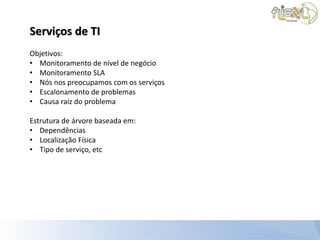 Serviços de TI
Objetivos:
• Monitoramento de nível de negócio
• Monitoramento SLA
• Nós nos preocupamos com os serviços
• Escalonamento de problemas
• Causa raíz do problema

Estrutura de árvore baseada em:
• Dependências
• Localização Física
• Tipo de serviço, etc
 