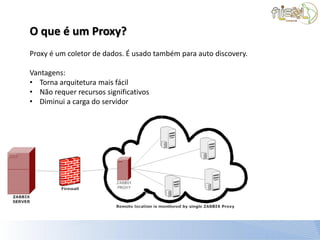 O que é um Proxy?
Proxy é um coletor de dados. É usado também para auto discovery.

Vantagens:
• Torna arquitetura mais fácil
• Não requer recursos significativos
• Diminui a carga do servidor
 