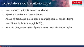 Expectativas do Escritório Local
Zabbix Brazil – Opening Event
 Mais eventos oficiais no nosso idioma;
 Apoio em ações da comunidade;
 Apoio na tradução do Zabbix e manual para o nosso idioma;
 Mais tipos de brindes (lojinha?!);
 Brindes chegando mais rápido e sem taxas de importação.
 