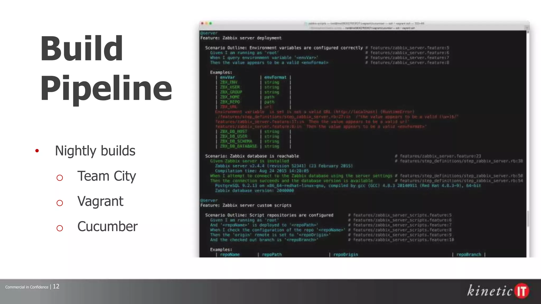 Commercial in Confidence | 12
• Nightly builds
o Team City
o Vagrant
o Cucumber
Build
Pipeline
 