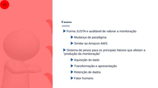 Custos
21
Forma JUSTA e auditável de valorar a monitoração
Mudança de paradigma
Similar ao Amazon AWS
Sistema de pesos para os principais fatores que afetam a
“produção da monitoração”
Aquisição do dado
Transformação e apresentação
Retenção de dados
Fator humano
 