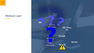 Monitorar o que?
Serviço
7
ISP, Fibra,
etc
Switch,
Roteador,
Radio
Desktop,
Celular,
Tablet,
Notebook
DNS
Access
Point
Firewall
 