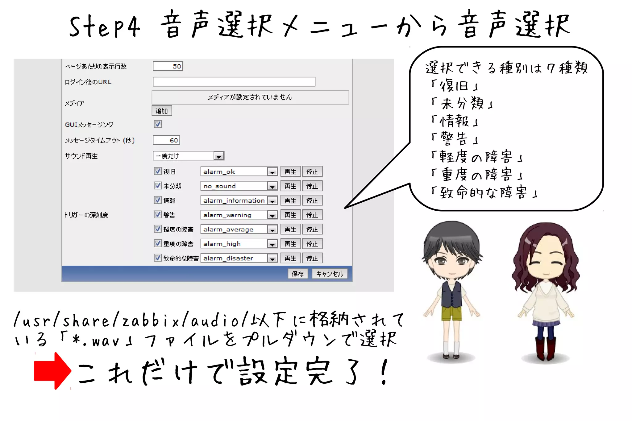 Step4 音声選択メニューから音声選択
                                   選択できる種別は７種類
                                   「復旧」
                                   「未分類」
                                   「情報」
                                   「警告」
                                   「軽度の障害」
                                   「重度の障害」
                                   「致命的な障害」




/usr/share/zabbix/audio/以下に格納されて
いる「*.wav」ファイルをプルダウンで選択
    これだけで設定完了！
 