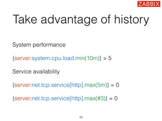 Take advantage of history
System performance
{server:system.cpu.load.min(10m)} > 5
Service availability
{server:net.tcp.se...