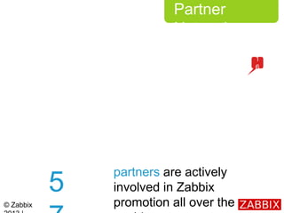 © Zabbix
Partner
Network
partners are actively
involved in Zabbix
promotion all over the
5
1
6
 