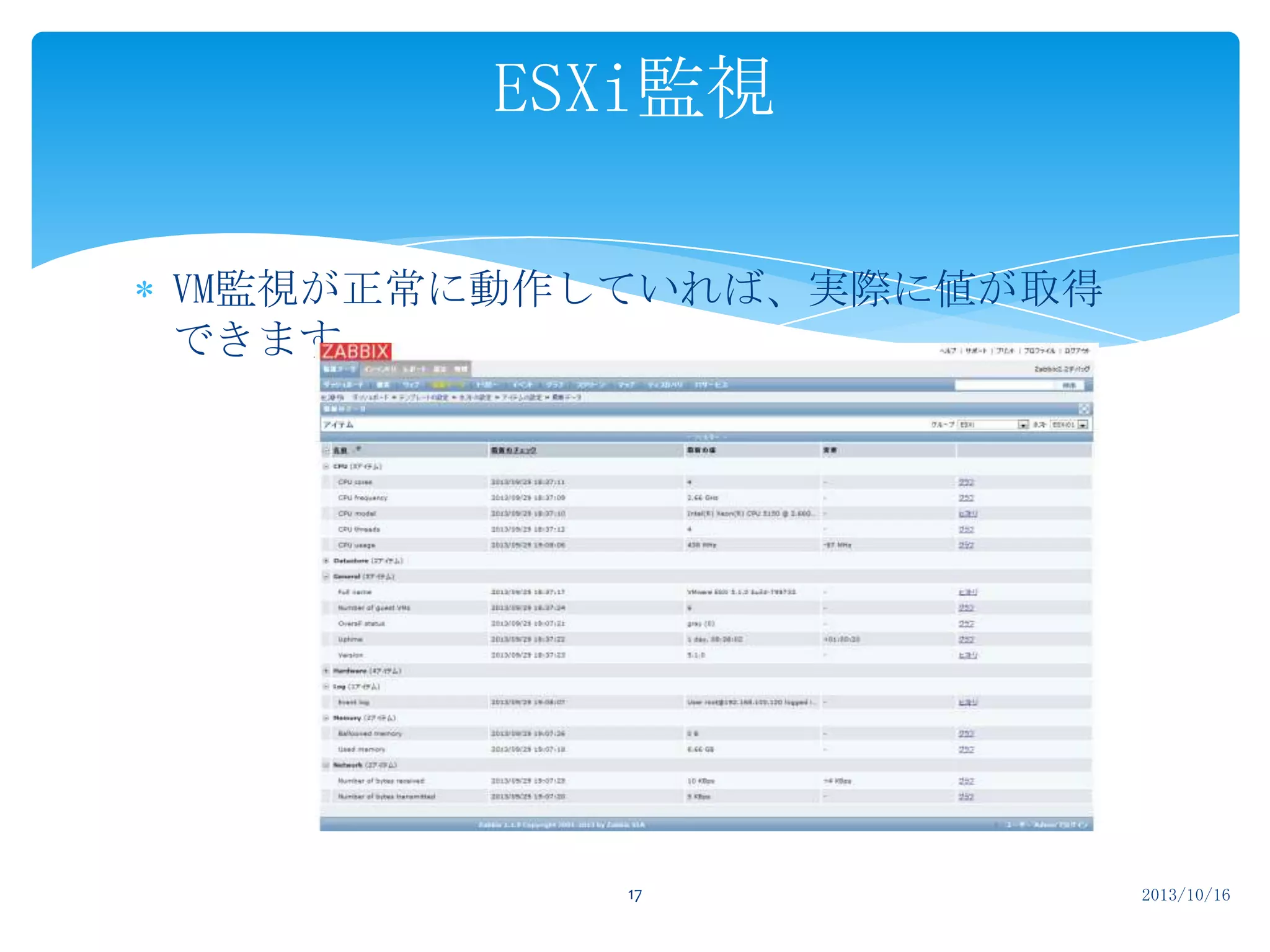 ESXi監視
VM監視が正常に動作していれば、実際に値が取得
できます。

17

2013/10/16

 
