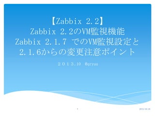 【Zabbix 2.2】
Zabbix 2.2のVM監視機能
Zabbix 2.1.7 でのVM監視設定と
2.1.6からの変更注意ポイント
２０１３.10 @qryuu

1

2013/10/16

 