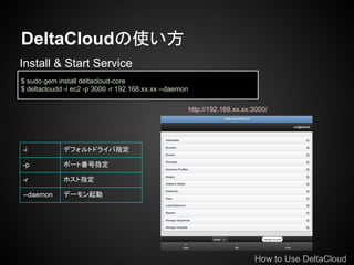 DeltaCloudʹ
Install & Start Service
$ sudo gem install deltacloud-core
$ deltacloudd -i ec2 -p 3000 -r 192.168.xx.xx --daemon

                                                         http://192.168.xx.xx:3000/




-i           ǥեȥɥ饤ָ

-p           ݩ`ȷָ

-r           ۥָ

--daemon     ǩ`




                                                                              How to Use DeltaCloud
 