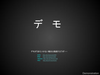  

ǥ⤬ޤʤϤτӻǤɤ???
   AWS: http://db.tt/qmcdL9OR
   IPMI:   http://db.tt/igUwYe9S
   vSphere: http://db.tt/LWOHoCnM
   VNC:    http://db.tt/Ynwc4UwU




                                    Demonstration
 