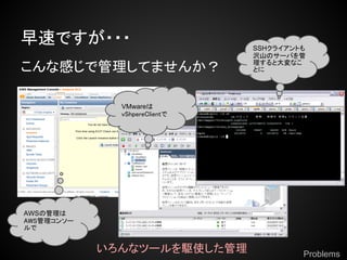 ٤Ǥ???                       SSH饤Ȥ
                               gɽΥ`Ф
                               ȴʤ
ʸФǹƤޤ󤫣                Ȥ




              VMware
              vShpereClient




AWSι
AWS󥽩`



            ʥĩ`lʹ              Problems
 