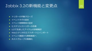 Zabbix 3.2の新機能と変更点
 トリガーの手動クローズ
 イベントタグの設定
 イベント相関関係の設定
 ヒステリシストリガーの改善
 LLDで生成したアイテムの詳細確認
 Webシナリオのエクスポートとインポート
 イベント画面から障害画面へ
 ホストグループの階層化
25
 