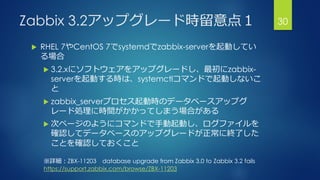 Zabbix 3.2アップグレード時留意点１
 RHEL 7やCentOS 7でsystemdでzabbix-serverを起動してい
る場合
 3.2.xにソフトウェアをアップグレードし、最初にzabbix-
serverを起動する時は、systemctlコマンドで起動しないこ
と
 zabbix_serverプロセス起動時のデータベースアップグ
レード処理に時間がかかってしまう場合がある
 次ページのようにコマンドで手動起動し、ログファイルを
確認してデータベースのアップグレードが正常に終了した
ことを確認しておくこと
30
※詳細：ZBX-11203 database upgrade from Zabbix 3.0 to Zabbix 3.2 fails
https://support.zabbix.com/browse/ZBX-11203
 