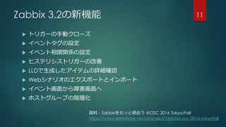 Zabbix 3.2の新機能
 トリガーの手動クローズ
 イベントタグの設定
 イベント相関関係の設定
 ヒステリシストリガーの改善
 LLDで生成したアイテムの詳細確認
 Webシナリオのエクスポートとインポート
 イベント画面から障害画面へ
 ホストグループの階層化
11
資料：Zabbixをもっと使おう @OSC 2016 Tokyo/Fall
https://www.slideshare.net/atanaka7/zabbix-osc-2016-tokyofall
 