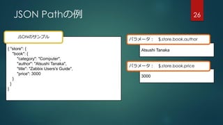 JSON Pathの例 26
{ "store": {
"book": {
"category": "Computer",
"author": "Atsushi Tanaka",
"title": "Zabbix Users's Guide",
"price": 3000
}
}
}
Atsushi Tanaka
3000
パラメータ： $.store.book.author
パラメータ： $.store.book.price
JSONのサンプル
 