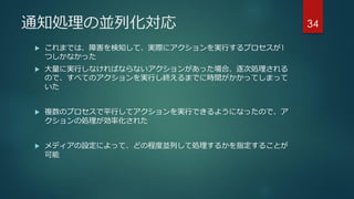 通知処理の並列化対応
 これまでは、障害を検知して、実際にアクションを実行するプロセスが1
つしかなかった
 大量に実行しなければならないアクションがあった場合、逐次処理される
ので、すべてのアクションを実行し終えるまでに時間がかかってしまって
いた
 複数のプロセスで平行してアクションを実行できるようになったので、ア
クションの処理が効率化された
 メディアの設定によって、どの程度並列して処理するかを指定することが
可能
34
 