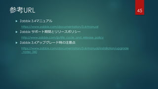 参考URL
 Zabbix 3.4マニュアル
https://www.zabbix.com/documentation/3.4/manual
 Zabbix サポート期間とリリースポリシー
http://www.zabbix.com/jp/life_cycle_and_release_policy
 Zabbix 3.4アップグレード時の注意点
https://www.zabbix.com/documentation/3.4/manual/installation/upgrade
_notes_340
45
 