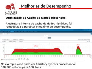 Melhorias de Desempenho
Otimização do Cache de Dados Históricos.
A estrutura interna do cache de dados históricos foi
remodelada para obter o máximo de desempenho.
No exemplo você pode ver 8 history syncers processando
500.000 valores para 100 itens.
 